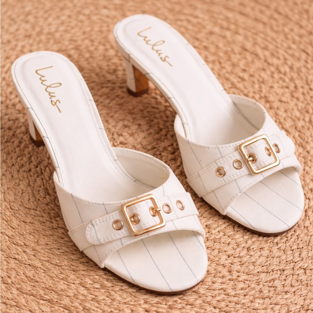 Lulus Vendela White Pinstriped Buckle Kitten Heel Slide Sandals - Size 9